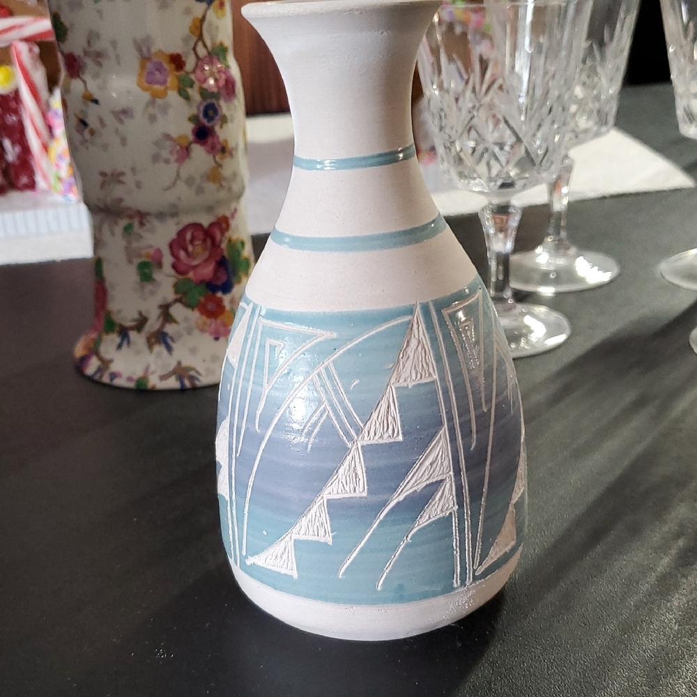 Artisan Ceramic Vase with Blue and White Geometric Design